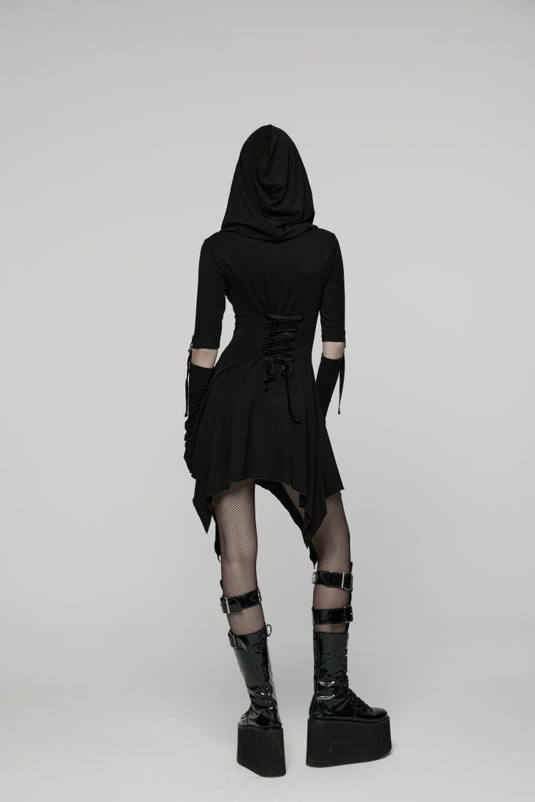 Black Long Sleeves Cut-Out Patchwork Lace-Up Slim Fit Hooded Women's Punk Dress - Product - 5