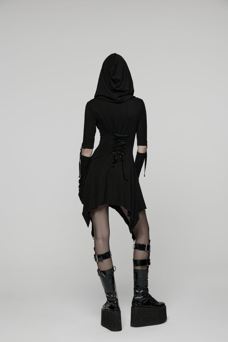 Black Long Sleeves Cut-Out Patchwork Lace-Up Slim Fit Hooded Women's Punk Dress - Product - 5