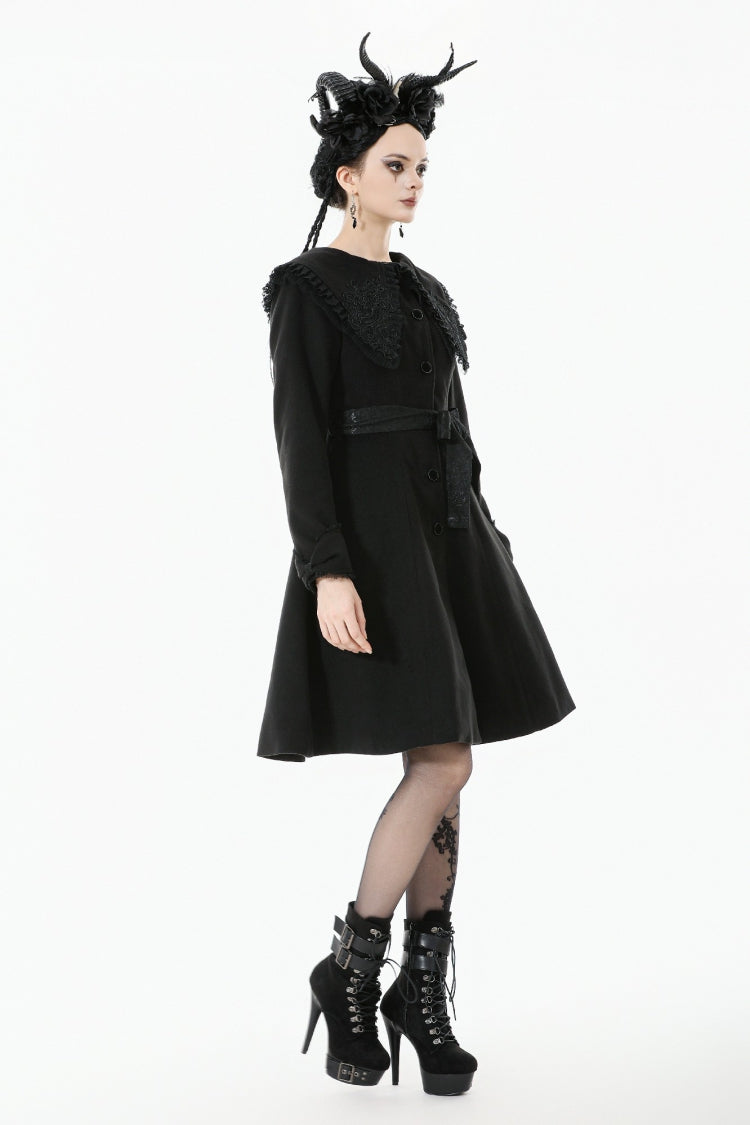 Black Floral Embroidered Peter Pan Collar Long Sleeves Bowknot Women's Gothic Coat - Product - 9
