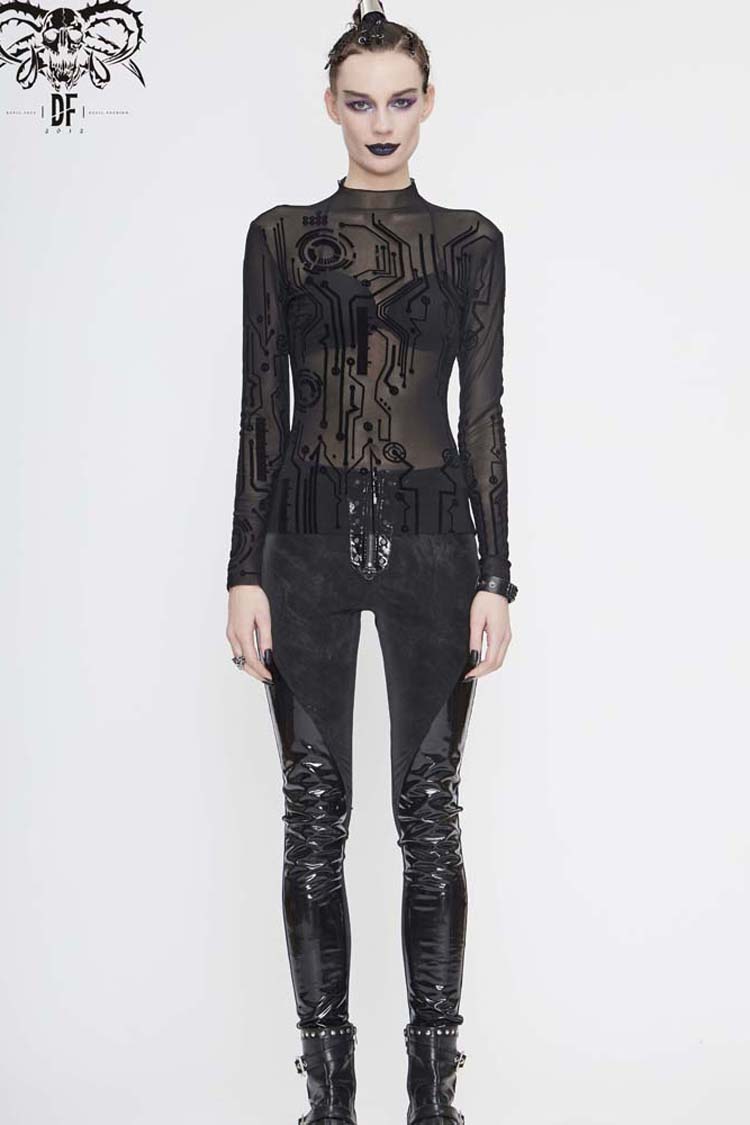 Black Long Sleeve The Printed Flocking Mesh Rough Selvedge Women's Punk Shirt - Product - 5