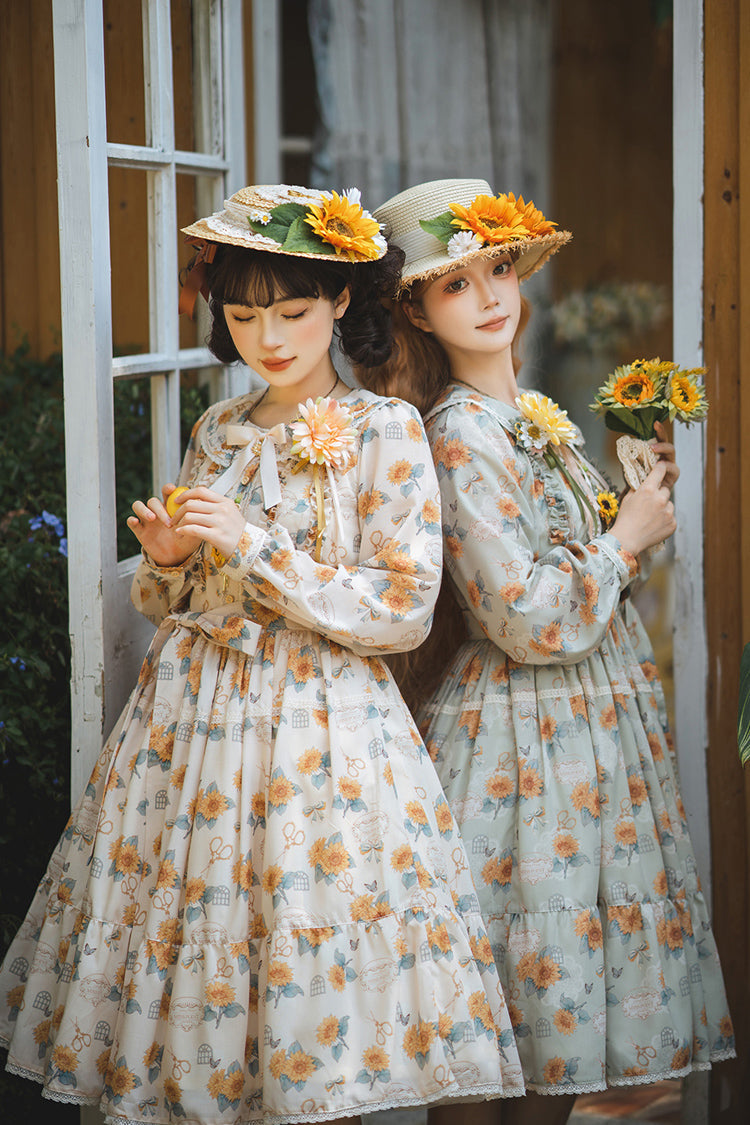 Green [Gardening Sunflower] Long Sleeves Print Ruffle Bowknot Sweet Elegant Lolita Dress - Product - 9