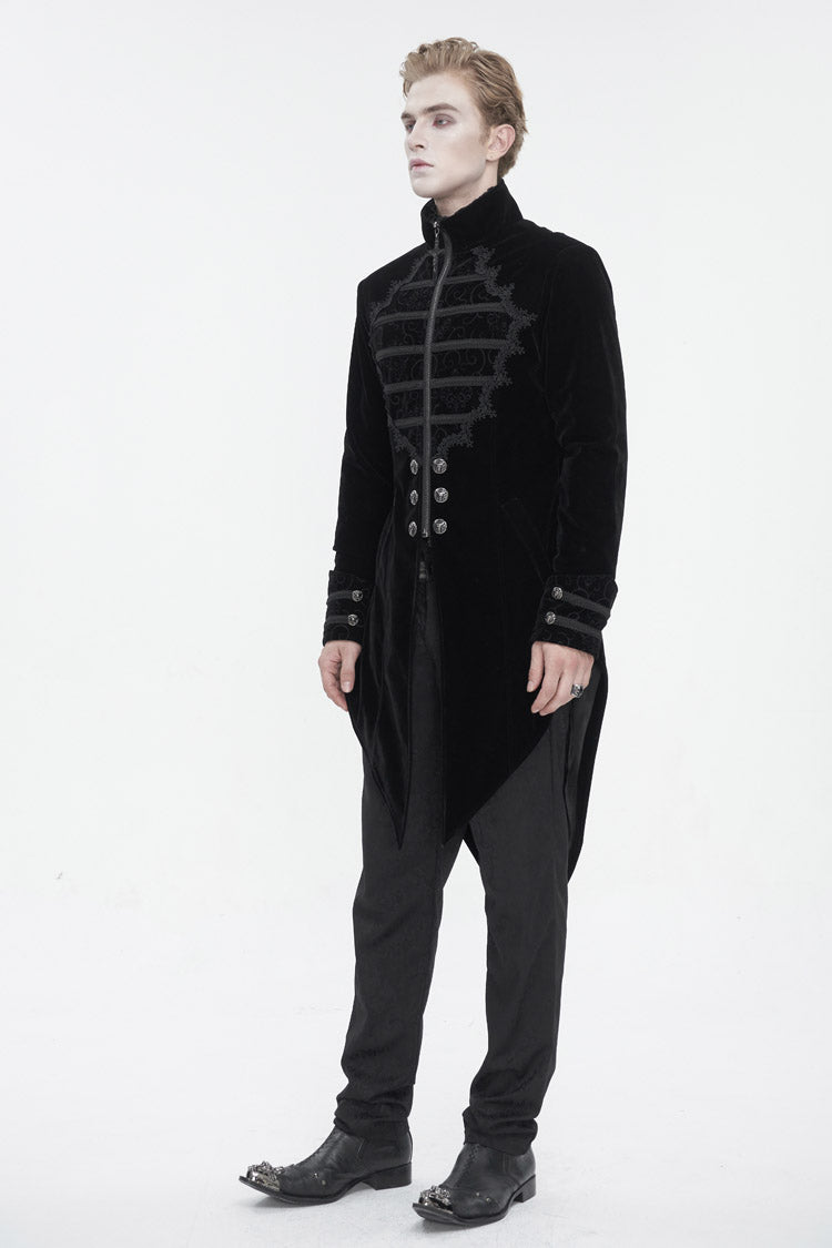 Black Stand Collar Lace Splice Swallow Tailed Men's Gothic Coat - Product - 5