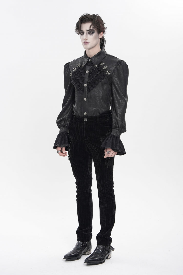 Black Cross Spider Turn-down Collar Long Trumpet Sleeves Printed Lace Men's Gothic Shirt - Product - 3