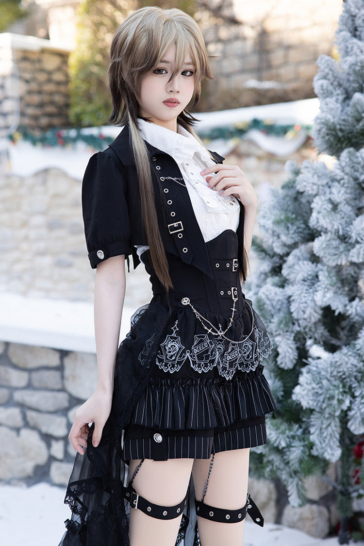 Black Lapel Collar Short Sleeves Lace Prince Ouji Lolita Three-piece Set - Product - 6