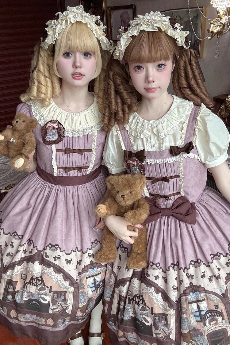 Pink/Purple Short Sleeves Bear Print Bowknot Classic Lolita Dress - Product - 5