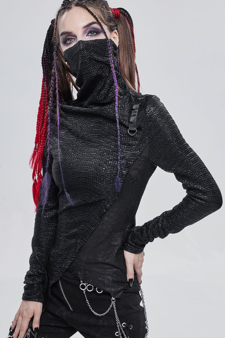 Black Punk High Neck Compressed Stretch Fabric Irregular Pointed Hem Pleated Women's Shirt - Product - 2