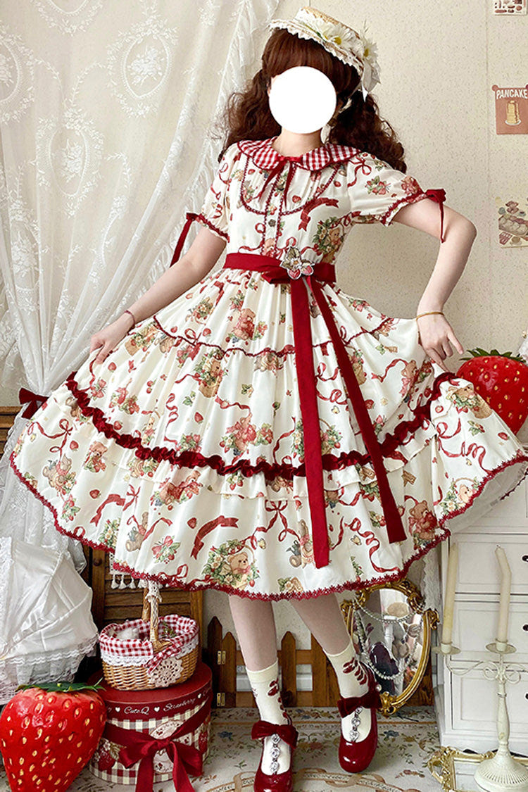 [Bear's Strawberry Garden] Lapel Collar Short Sleeves Print Bowknot Sweet Lolita Dress 4 Colors - Product - 2