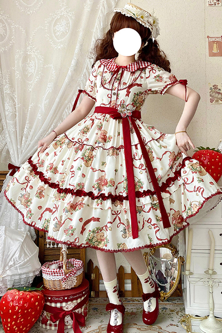[Bear's Strawberry Garden] Lapel Collar Short Sleeves Print Bowknot Sweet Lolita Dress 4 Colors - Product - 2