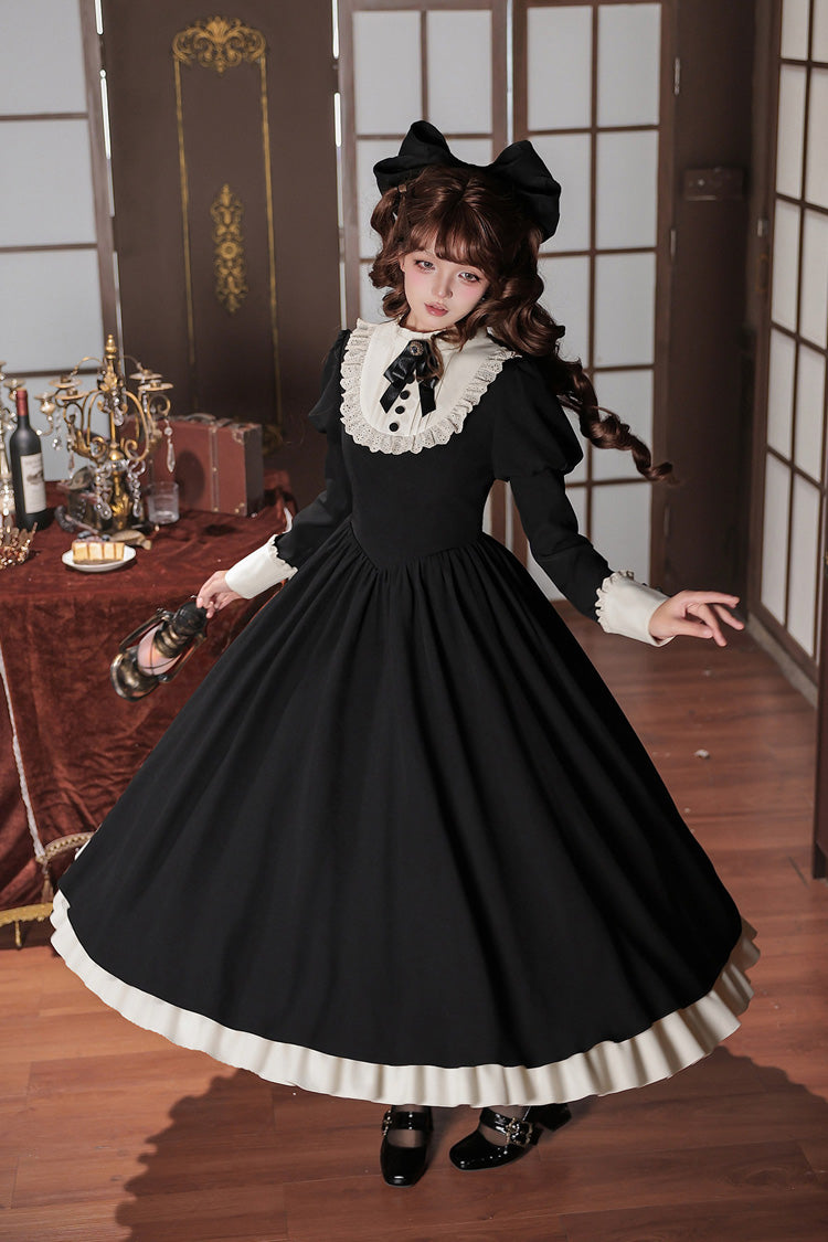 [Miss Lita] Stand Collar Long Lantern Sleeves Triple-Layered Ruffled Classic Elegant Maid Lolita Dress 2 Colors (Red, Black) - Product - 21