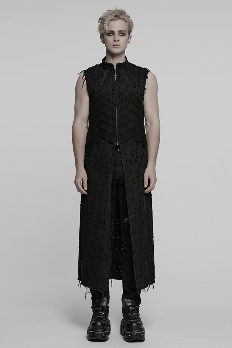 Black Stand Collar Sleeveless Cross Distressed Embroidery Men's Gothic Long Vest - Product - 4
