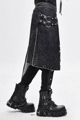 Black Band Metallic Nailed Punk Rock Worn Corduroy Wrapped Mens Skirt With Loops - Product - 2