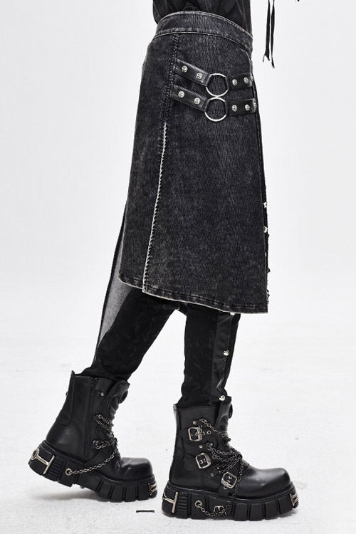 Black Band Metallic Nailed Punk Rock Worn Corduroy Wrapped Mens Skirt With Loops - Product - 2