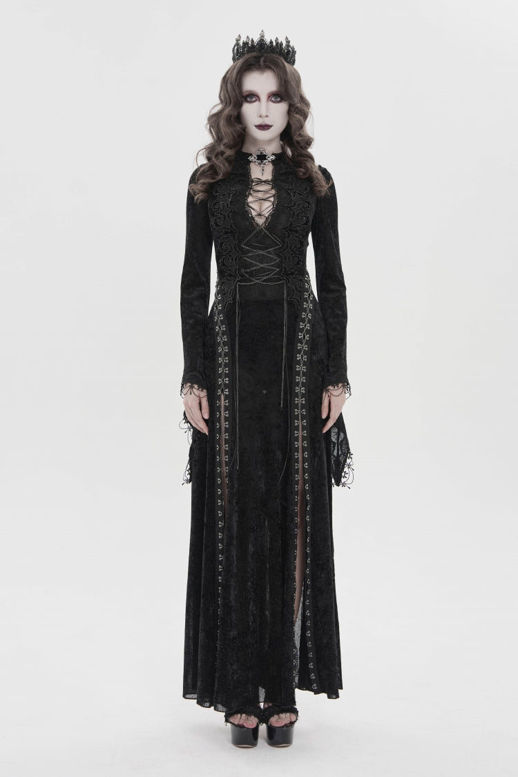 Black Halterneck Long Trumpet Sleeves Hanayome Lace Lace-Up Slim Chain-Decorated Women's Gothic Dress Plunging Split Maxi Dress - Product - 2