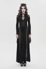 Black Halterneck Long Trumpet Sleeves Hanayome Lace Lace-Up Slim Chain-Decorated Women's Gothic Dress Plunging Split Maxi Dress - Product - 2