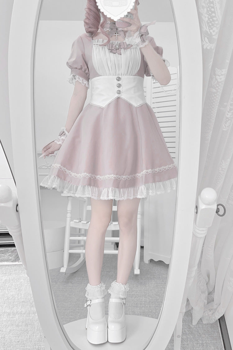 Pink/White Short Sleeves Ruffle Bowknot Cross Waist Maid Sweet Japanese Lolita Dress Set - Product - 2