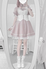 Pink/White Short Sleeves Ruffle Bowknot Cross Waist Maid Sweet Japanese Lolita Dress Set - Product - 2