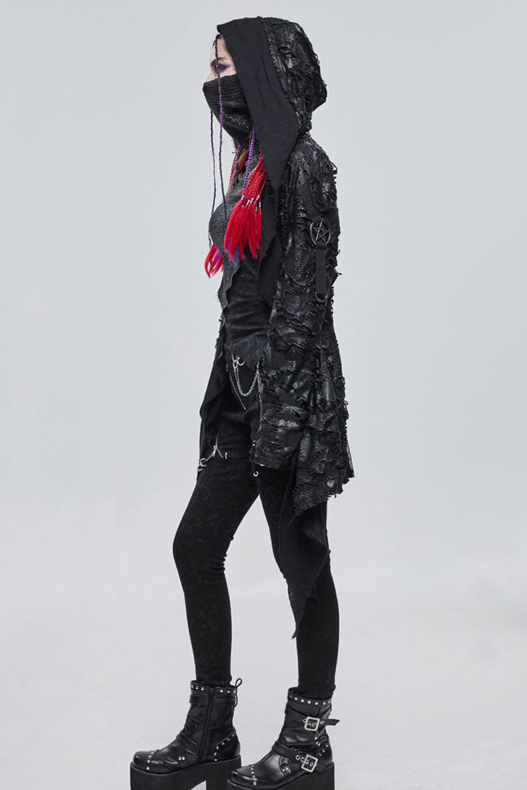 Black Punk Diablo Hole Design Cross Shape Stitching Transparent Mesh Metal Decoration Knitted Women's Coat - Product - 7