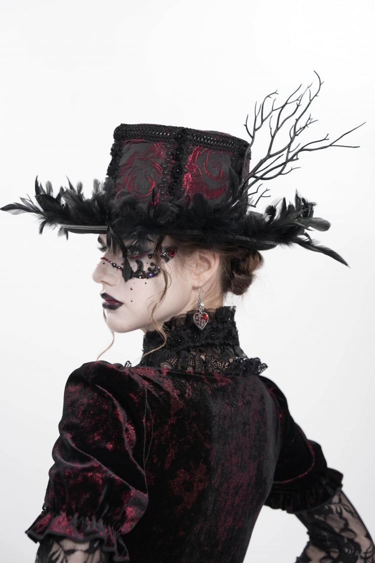 Red Embroidered Women's Gothic Gorgeous Floral Feather Hat - Product - 10