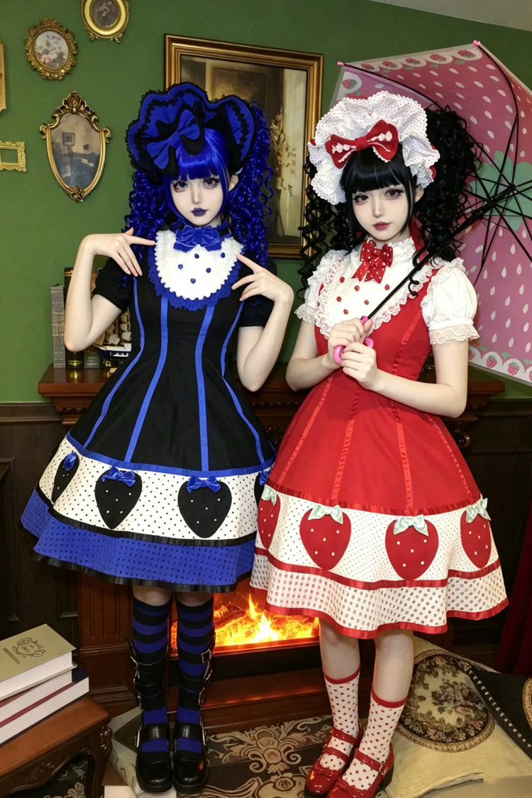 [Miss Peculiar Strawberry] Stand Collar Sleeveless Printed Bow Sweet Lolita Dress 2 Colors (Red, Blue/Black) - Blue/Black - 1