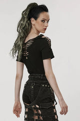 Black Short Sleeves Ripped Womens Steampunk T-Shirt with Adjustable Distressed Shoulders and Chest - Product - 2
