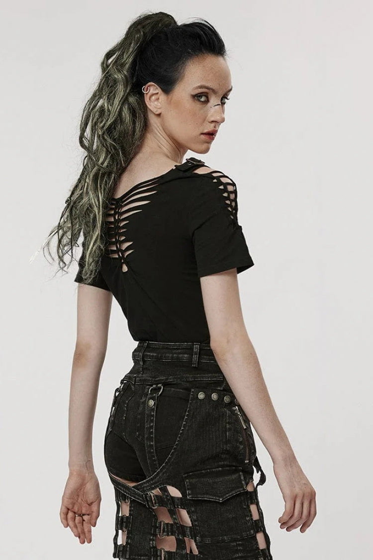 Black Short Sleeves Ripped Womens Steampunk T-Shirt with Adjustable Distressed Shoulders and Chest - Product - 2