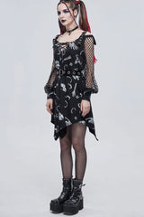 Black Gothic Knit Bone Print Sling Metal Grommet Strap Design Long Sleeve Women's Dress - Product - 9
