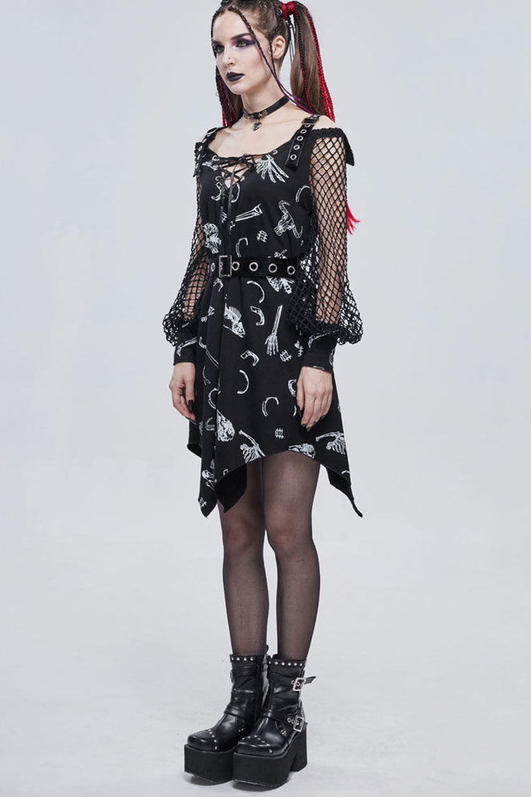 Black Gothic Knit Bone Print Sling Metal Grommet Strap Design Long Sleeve Women's Dress - Product - 9