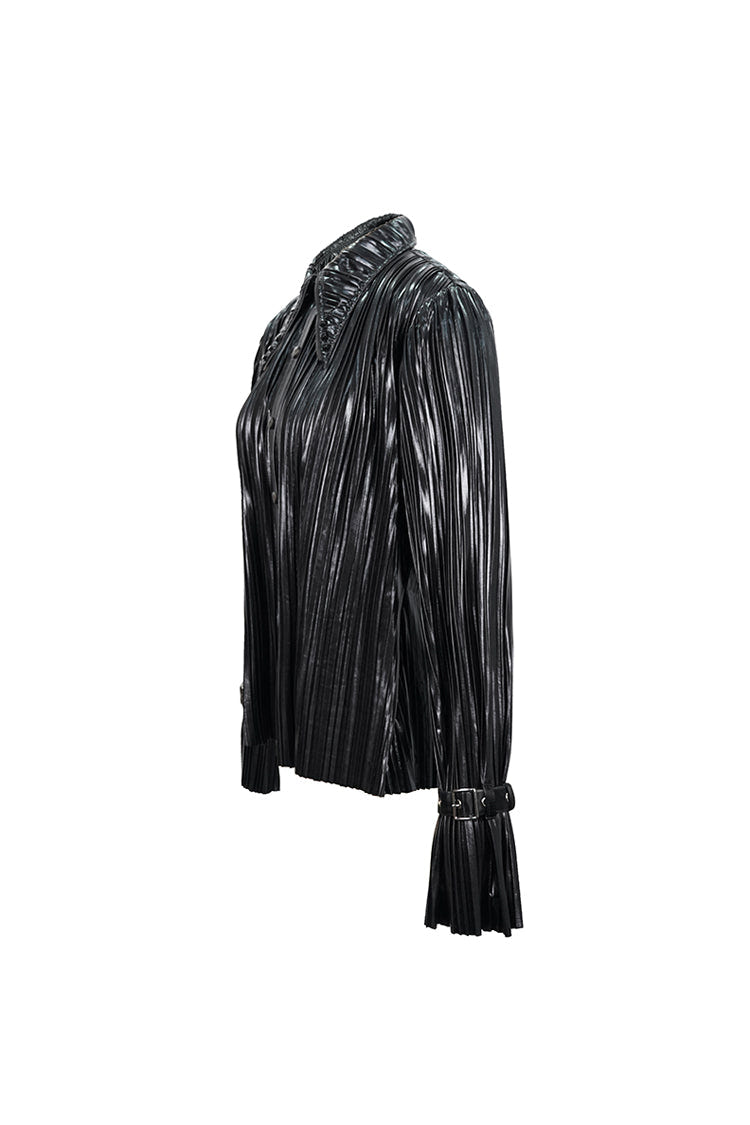 Black Metal Buckles Cuff Bright Pleated Pointed Collar Leather Loops Women's Punk Blouse - Product - 8