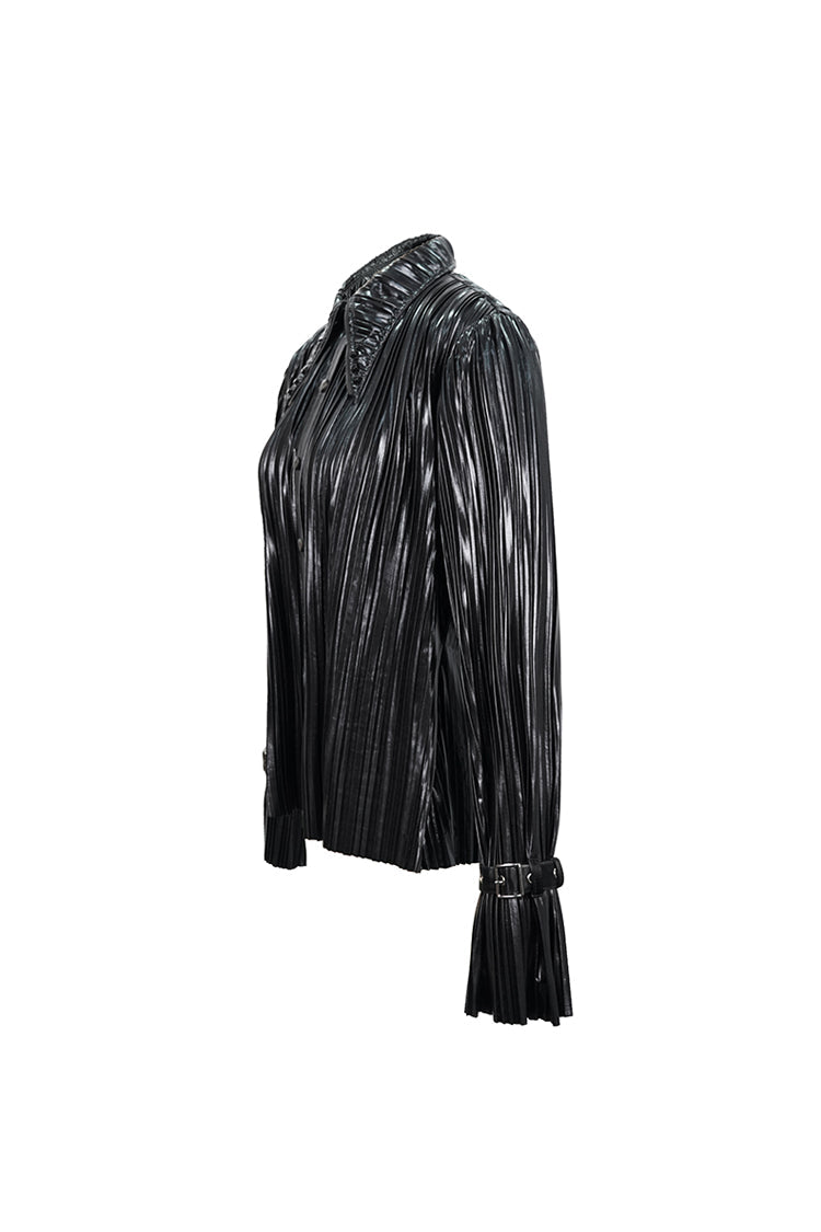 Black Metal Buckles Cuff Bright Pleated Pointed Collar Leather Loops Women's Punk Blouse - Product - 8