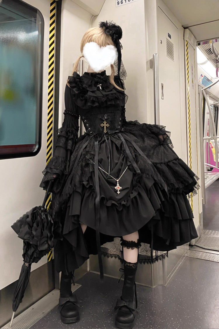 Black [Eternal Taboo] Long Hime Sleeves Ruffled Bow Gothic Lolita Skirt Dress Set - Black(Set) - 1