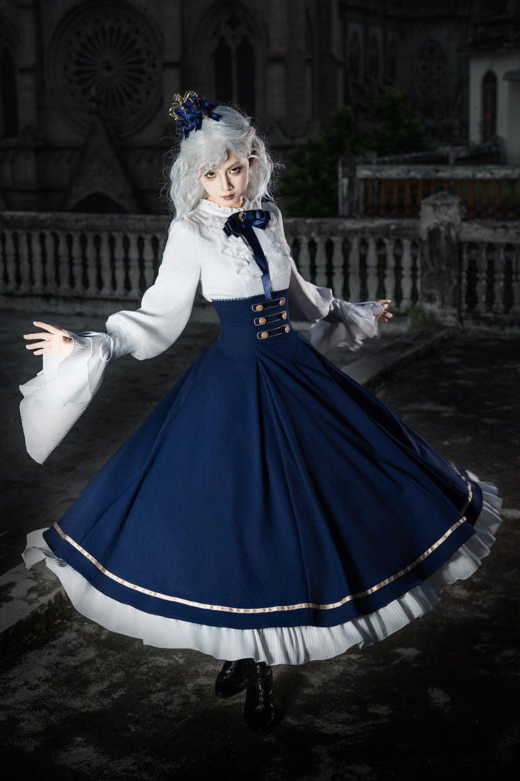 Blue [Eternal Crown] Stand Collar Long Lantern Sleeves Ruffled Color-Blocked Faux Two-Piece Classic Royal Lolita Dress 2 Versions - Product - 22