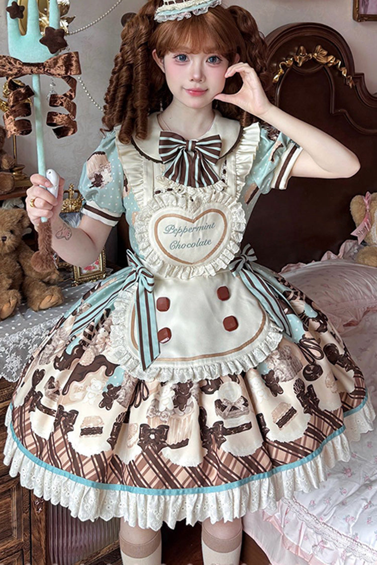 Brown [Peppermint Chocolate] Chocolate Cake Bear Print Ruffle Bowknot Lace-Up Sweet Lolita Dress - Product - 7
