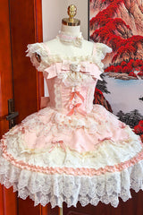 Pink [Rose Feather Romance] Square Collar Ruffled Bow Lace Ballet Sweet Lolita Jsk Dress - Product - 3