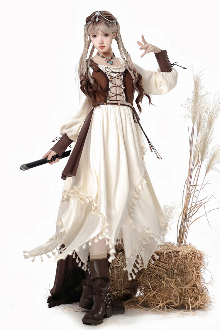 White/Brown Wandering Witch Cloak Long Sleeves Daily Irregular Lolita Dress - Product - 3