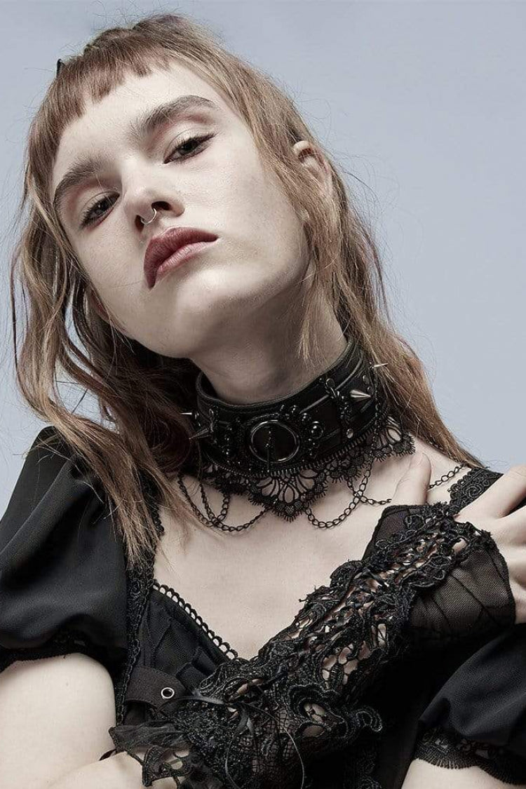 Black Leather Metal Rivets Lace Women's Gothic Chocker - Product - 2