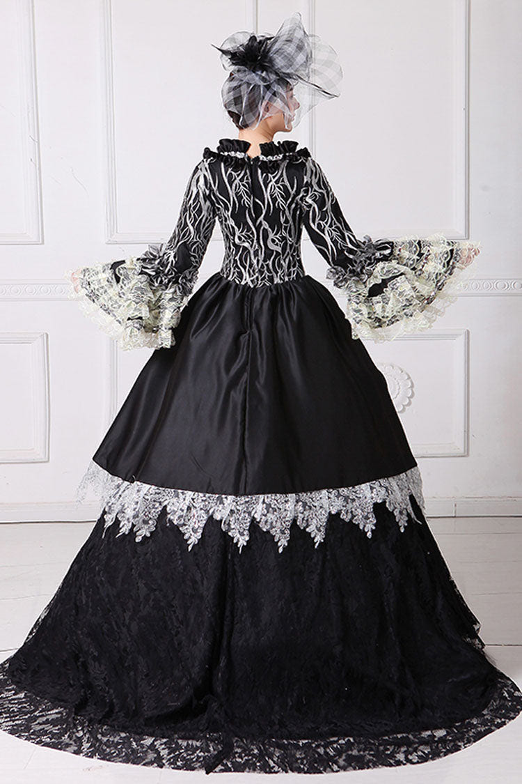 Black Multi-Layer Lace Stitching Trumpet Sleeves High Waisted Hollow Floral Embroidery Victorian Lolita Prom Dress - Product - 3