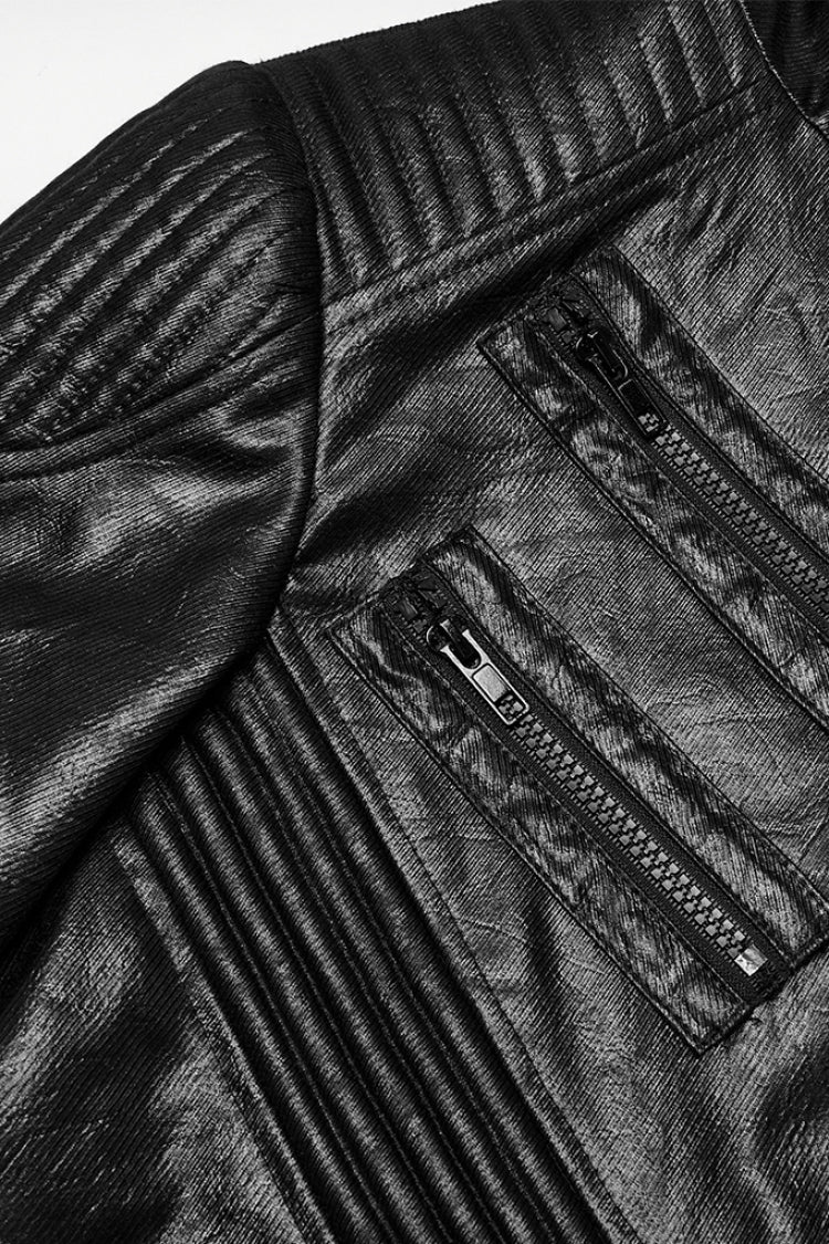 Black Long Sleeves Ruched Faux Leather Stitching Hooded Detachable Men's Punk Coat - Product - 5