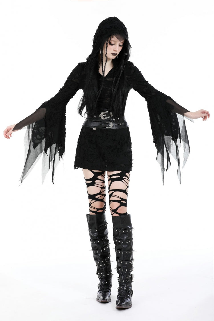 Black Evil Devil Long Flared Sleeves Ripped Women's Gothic Hooded Slim Dress - Product - 8