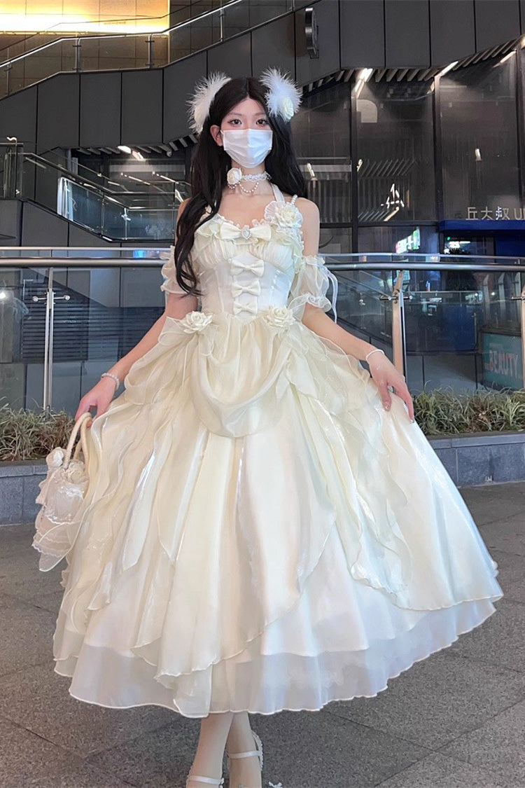 Ivory [Cindy Rose] Halterneck Sleeveless Ruffle Bowknot Sweet Elegant Lolita Jsk Dress - Ivory - 1