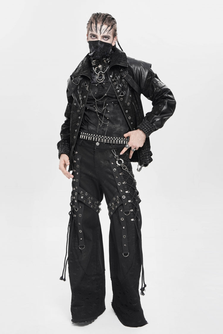 Black Spliced Lace-Up Mesh Ripped Men's Punk Baggy Pants - Product - 6