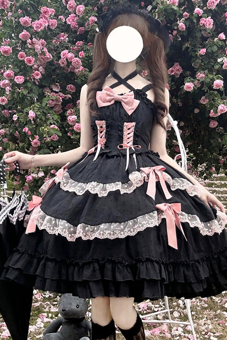 Black [Miss Pearl] Sleeveless Double-Layered Bowknot Lace Lace-Up Sweet Lolita Jsk Dress - Black - 1