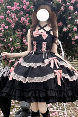 Black [Miss Pearl] Sleeveless Double-Layered Bowknot Lace Lace-Up Sweet Lolita Jsk Dress - Black - 1