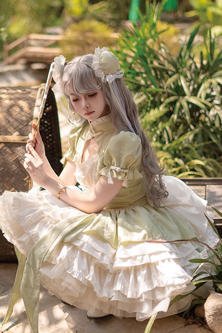 Green Long Trumpet Sleeves Ruffle Bowknot Lace Sweet Chinese Style Lolita Jsk Dress Set - Product - 2