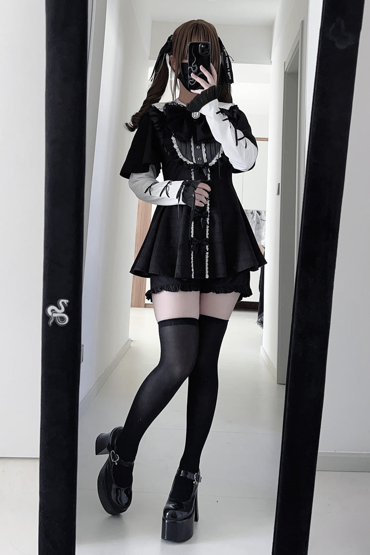 [Black Veil Pact] Short Sleeves Printed Ruffled Bow Gothic Jirai Kei Japanese Dress Shorts Set 2 Colors - Product - 7