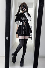 [Black Veil Pact] Short Sleeves Printed Ruffled Bow Gothic Jirai Kei Japanese Dress Shorts Set 2 Colors - Product - 7