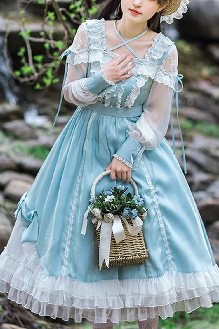 Blue Halter Neck Lantern Long Sleeves Lace Ruffled Hanayome Sweet Lolita Op Tiered Dress - Blue - 1