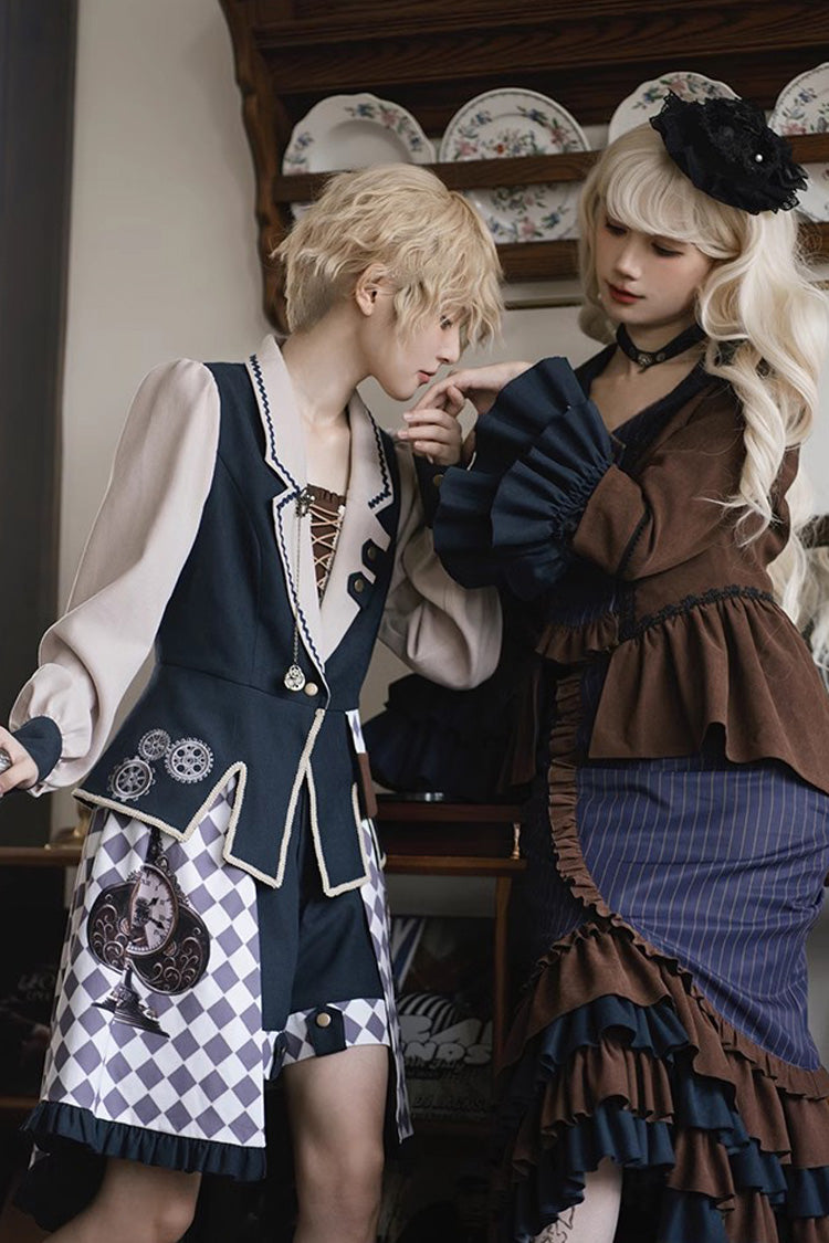Blue/Brown Time Traveler Long Sleeves Multi-layer Print Ruffle Punk Lolita Mermaid Skirt Set - Product - 5