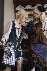 Blue/Brown Time Traveler Long Sleeves Multi-layer Print Ruffle Punk Lolita Mermaid Skirt Set - Product - 5