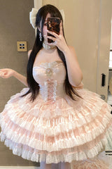 Pink [Heartbeat at First Sight] Off Shoulder Sleeveless Multi-Layered Ruffle Bowknot Lace Lace-Up Sweet Princess Gorgeous Lolita Dress - Product - 6
