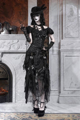 Black [Cupid’s Magic Box] Basel French Ruffle Embroidery Bowknot Lace Gothic Elegant Lolita Long Skirt - Product - 10